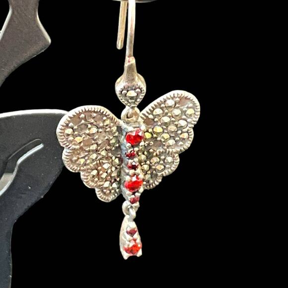 Sterling Silver Butterfly Red Rhinestone Drop Earrings Dangle - Picture 3 of 4